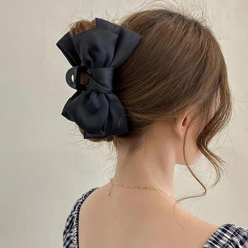 

Sweet Korean Style Velour Bow Tie Hair Claw Clips - Solid Color Satin Chiffon Hair Crabs For Women And Girls, Cute Bowknot Accessories For New Year, Single Piece