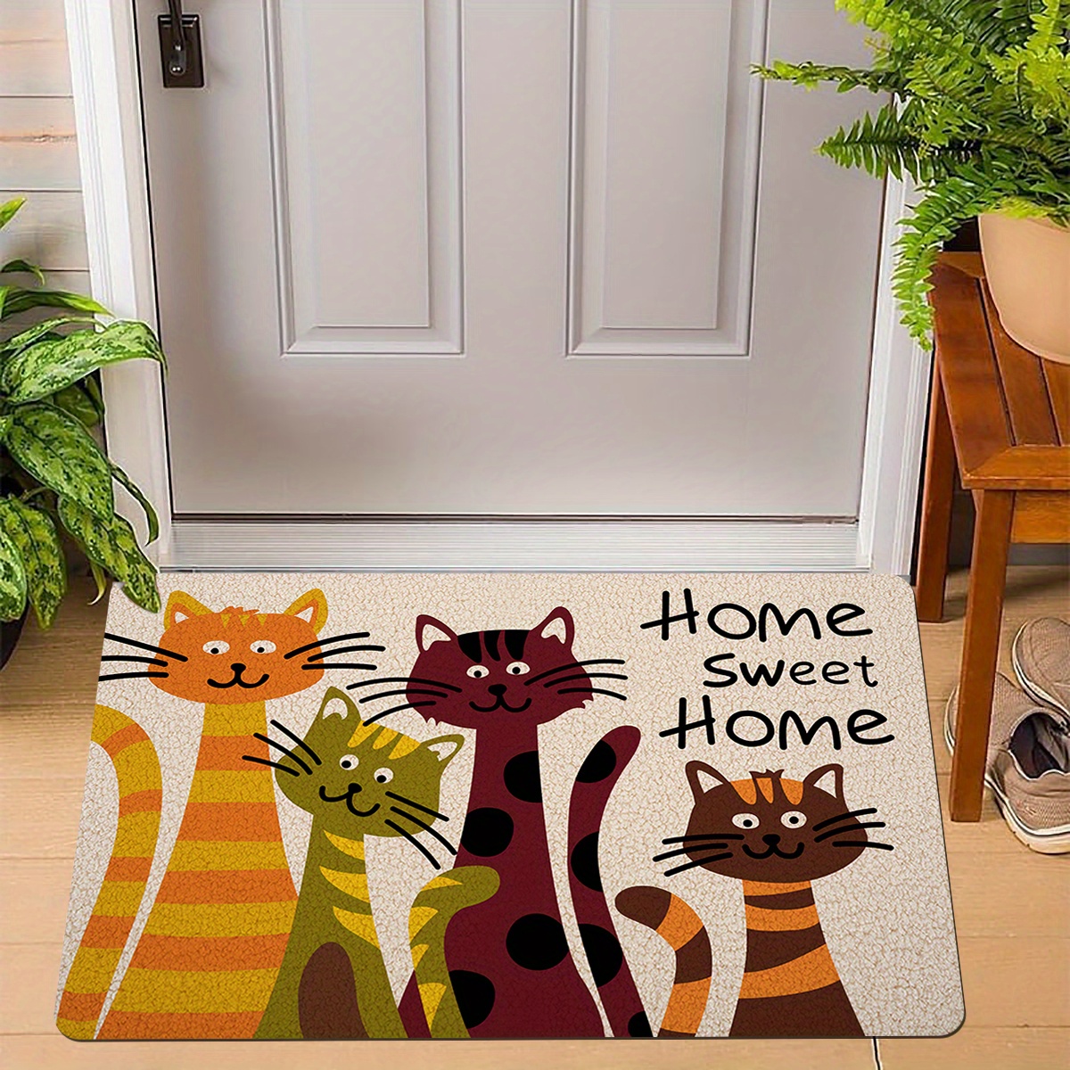 

Tapis d'Entrée 'Bienvenue à la Maison' avec Imprimé Chat Coloré & Alphabet - Antidérapant, Résistant aux Taches en Polyester avec Dos en Éponge Douce pour Utilisation Intérieure/Extérieure