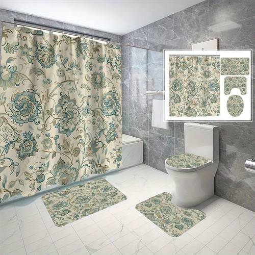 4pcs Vintage Floral Pattern Shower Curtain And Mats, Waterproof Shower Curtain With 12 Hooks, Non-Slip Bathroom Rug, Toilet U-Shape Mat, Toilet Lid Cover Pad, Bathroom Decor, Shower Curtain Sets For Bathrooms