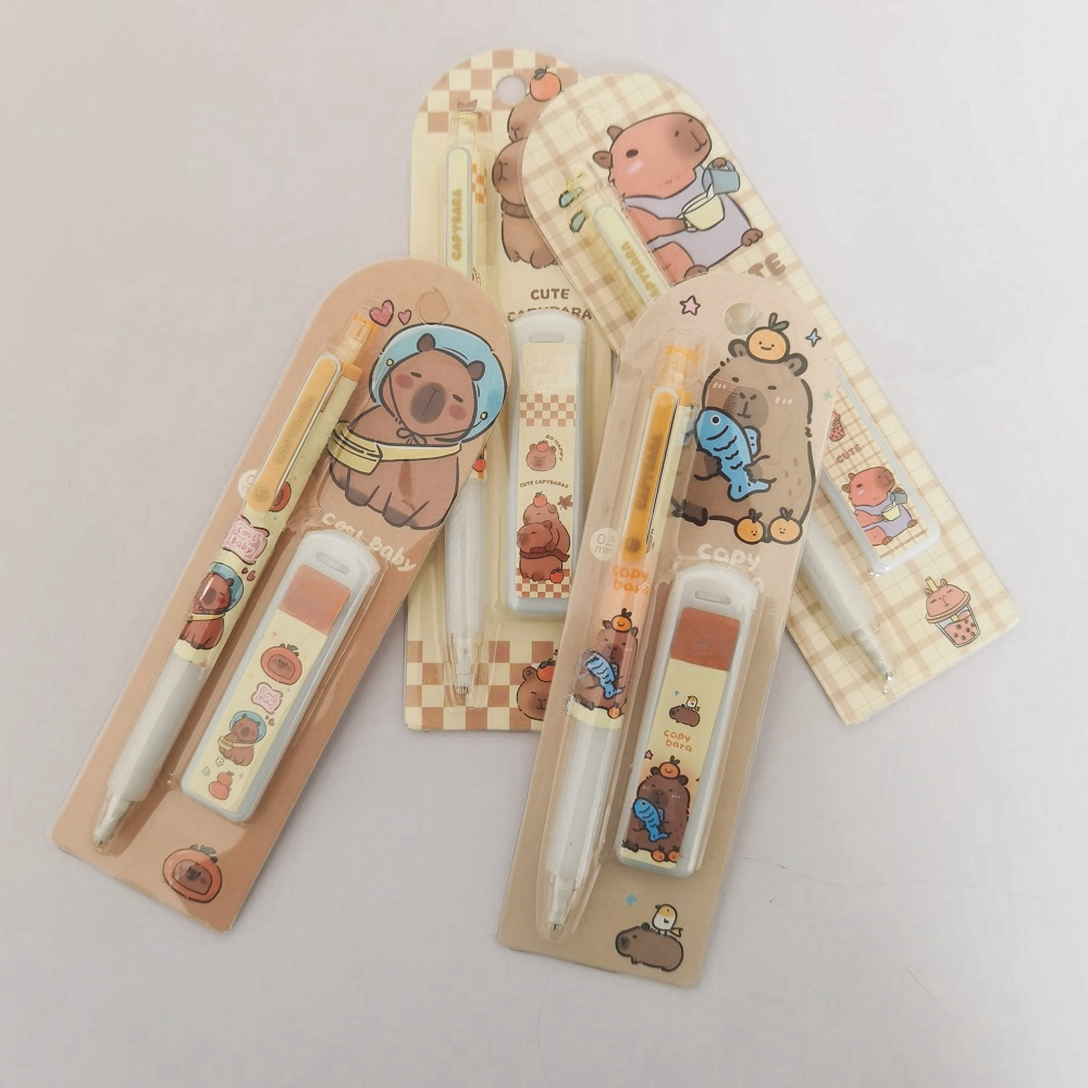 

Cute Kawaii Capybara Mechanical Pencil Set With Refills & Eraser - 0.5mm, Retractable, Cartoon-themed Stationery For School And Office