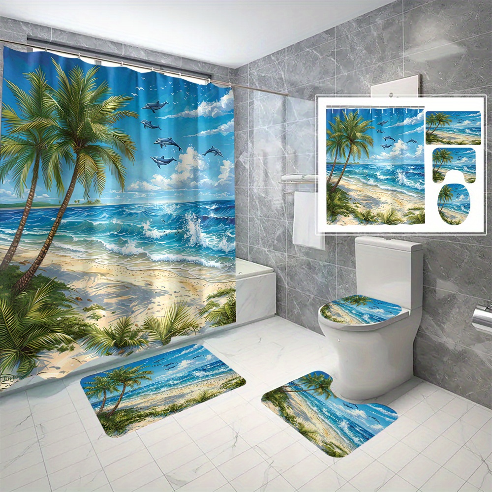 

4pcs Seaside Pattern Shower Curtain Set, Shower Curtain With 12 Hooks, Non-slip Bath Mat, U-shaped Toilet Mat, Toilet Mat, Bathroom Accessories, Home Decor