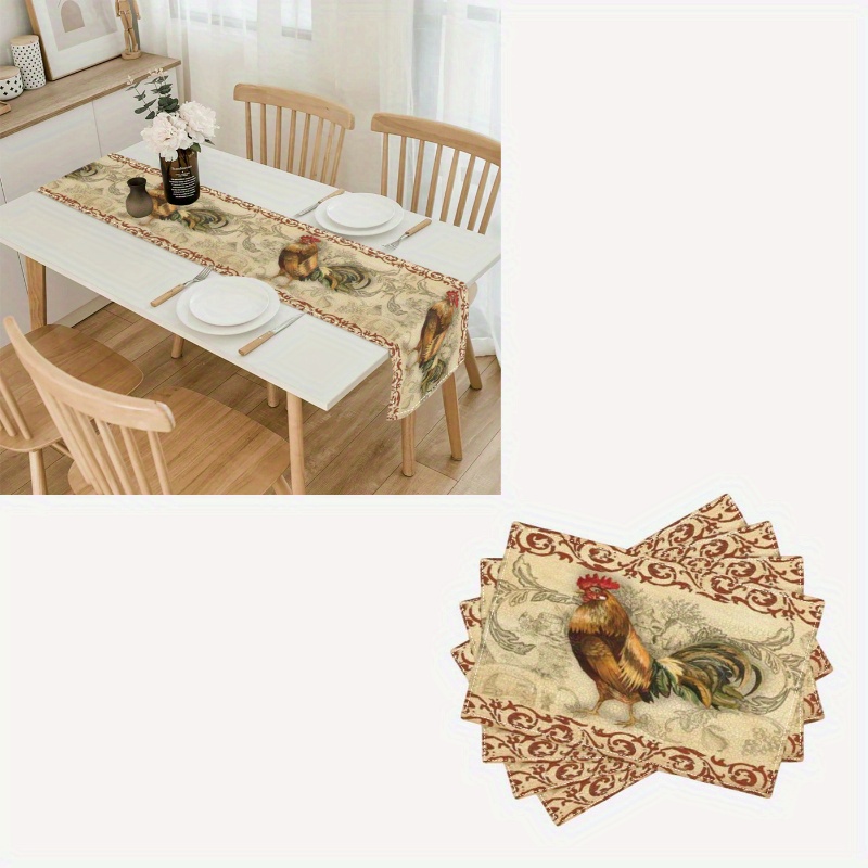 

1/4pcs, Table Runner/table Pads, Farmhouse Rooster Printed Table Runner/placemat Set, Rustic Linen Table Mats, Dust-proof Dining Table Cloth For Home & Outdoor, Party Kitchen Table Decor