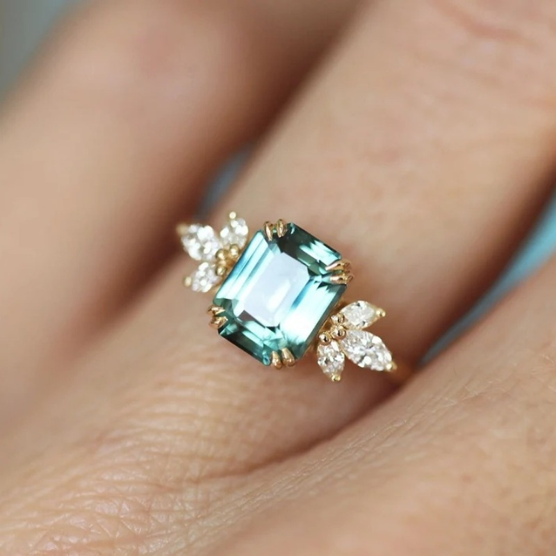 Emerald Leaf CZ Ring Geometric Nature Inspired Boho Wedding Jewelry