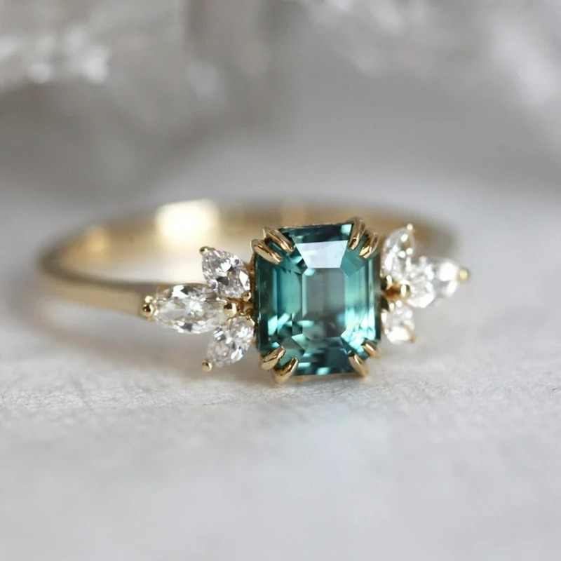 Emerald Leaf CZ Ring Geometric Nature Inspired Boho Wedding Jewelry