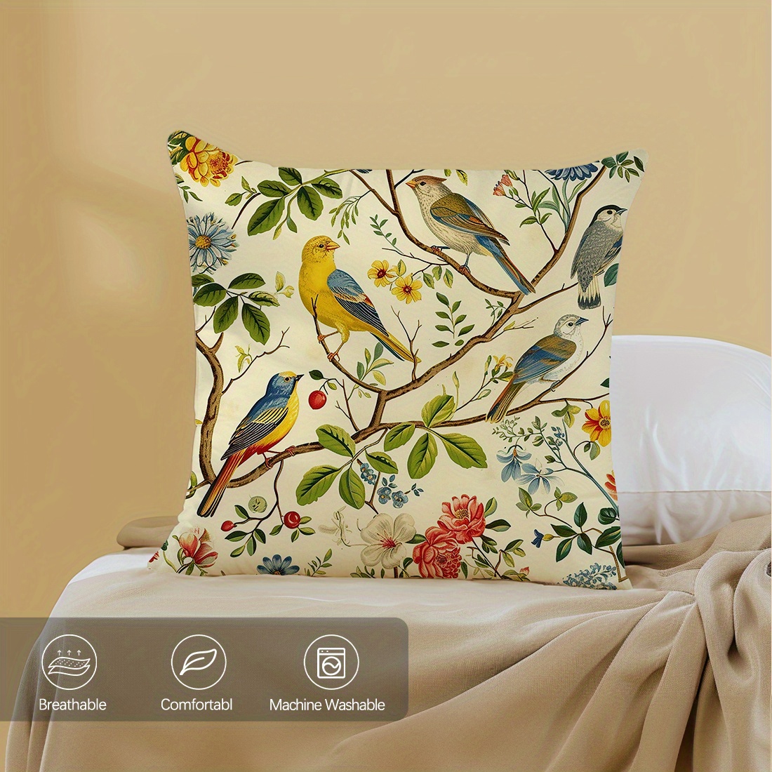 

1pc Bird-on-tree Illustration Single-sided Print Throw Pillow Cover, Contemporary Style, Peach Skin Velvet Sofa Cushion Case 45x45cm (17.7x17.7 Inches) - Cozy & Machine Washable Home Decor