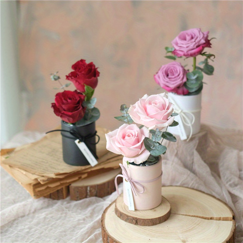

4pcs Valentine's Day Single Flower Bouquet Gift Boxes, Round Paper Floral Hug Buckets With Carry Handle, Clear Rose Arrangement Containers, Wholesale Flower Packaging