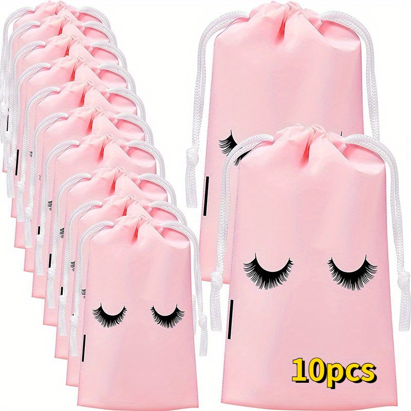 

10pcs Eyelash Drawstring Pouches, Small Cosmetic Storage Bags With Printed Eyelashes Design, Reusable Gift Bags For Makeup And Accessories