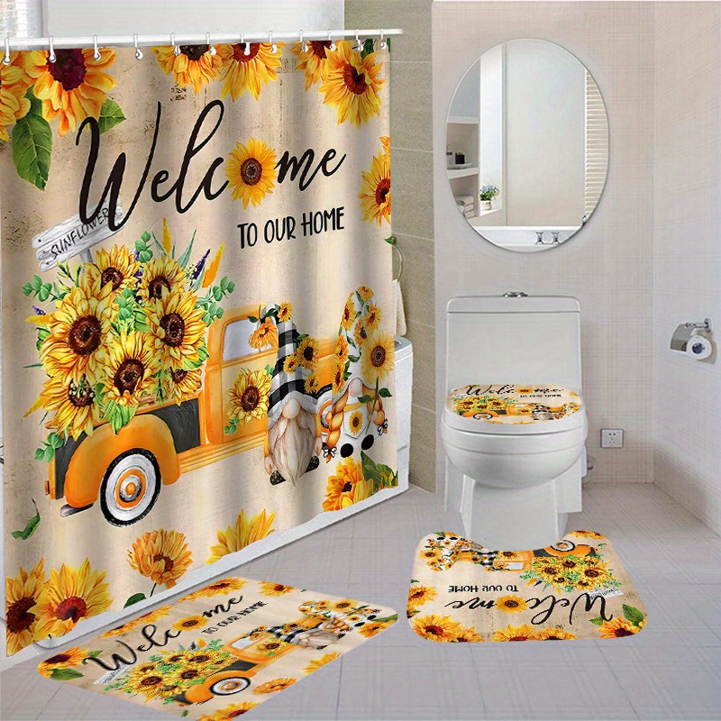 

1/4pcs Sunflower Bathroom Set, Waterproof Polyester Shower Curtain 70.87"x70.87" With 12 Hooks, Non-slip Toilet Seat Cover, Bath Mat And Rug, Washable Welcome Home Decor With Vintage Truck Design
