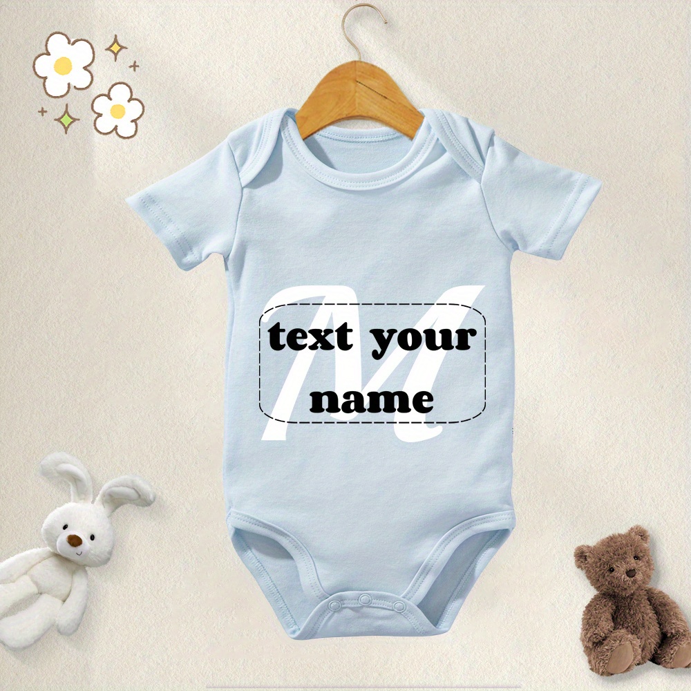 

Customized Baby Boy's Bodysuit, "......" Name Customization & Letter M Print Cotton Baby Onesies, Comfy Casual Round Neck Romper For Infants & Toddlers