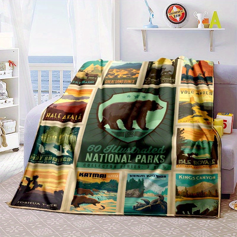 

Animal World Brown Bear Pattern Print Travel Portable Blanket - 60 Illustrated National Parks Collection Series