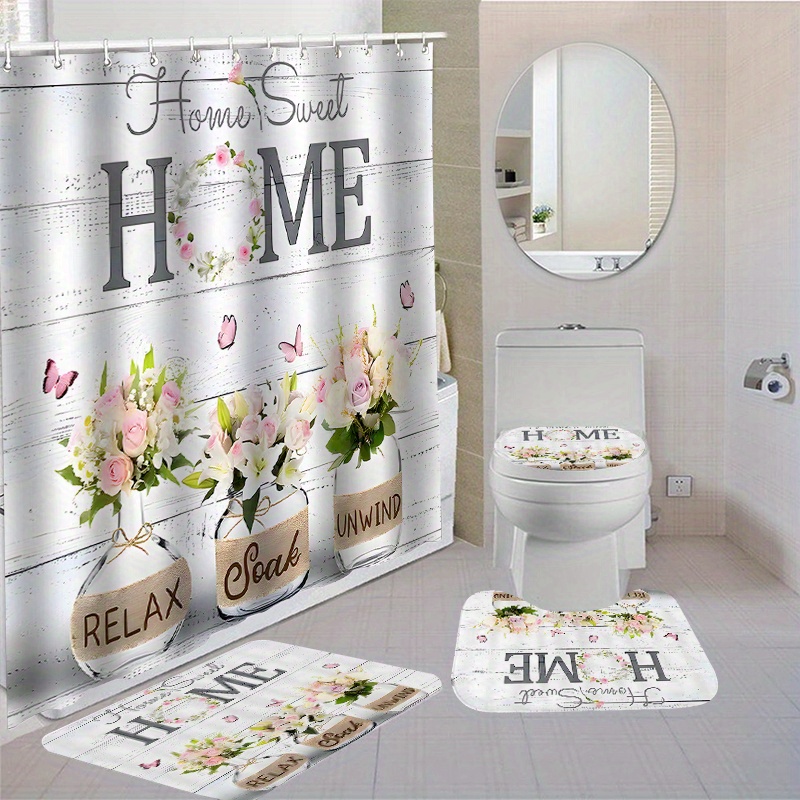 

1/4pcs Home Sweet Home Shower Curtain Set, Waterproof Bathroom Decor With Non-slip Rug, Toilet Lid Cover, Bath Mat, 70.87"x70.87" Polyester Fabric, Washable With 12 Hooks, Window Curtain