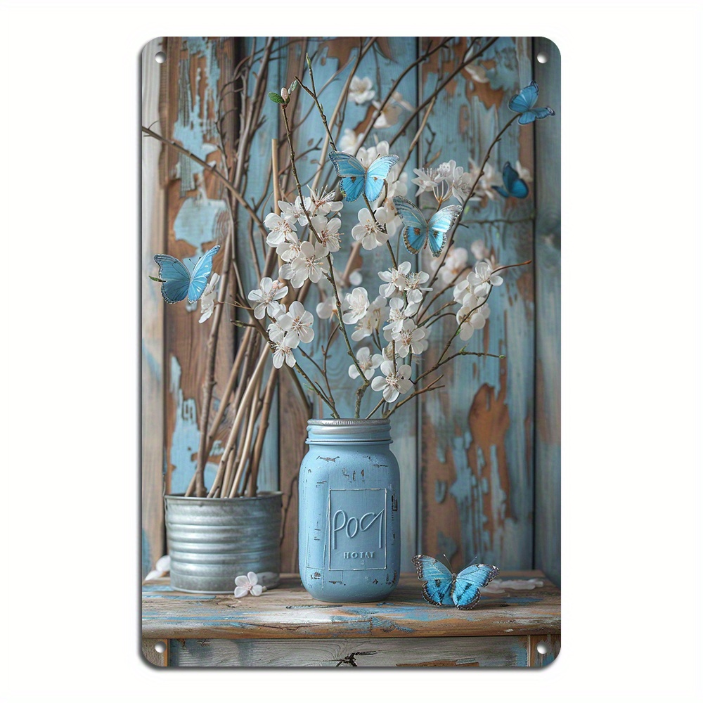 

Vintage-inspired Aluminum Metal Tin Sign - Flower In Mason Jar With , Home Bar & Garage Decor, , 8x12 Inches, Room Decor