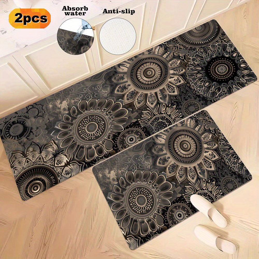 

2-piece Floral Kitchen Rugs Set - Non-slip, Washable Polyester Mats With 1cm Sponge Thickness And Pvc Backing