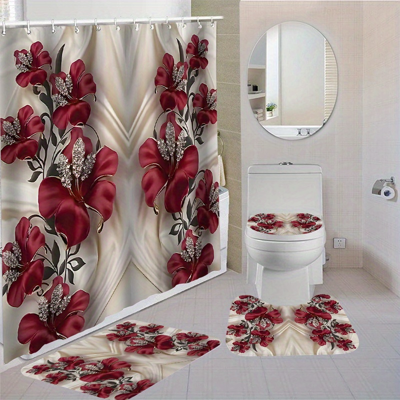 

1/4pcs Floral Bathroom Set, Waterproof Polyester Fabric Shower Curtain (70.87"x70.87") With 12 Hooks, Non-slip Rug, Toilet Seat Cover, And Mat, Washable, Home Decor Window Matching Accessories