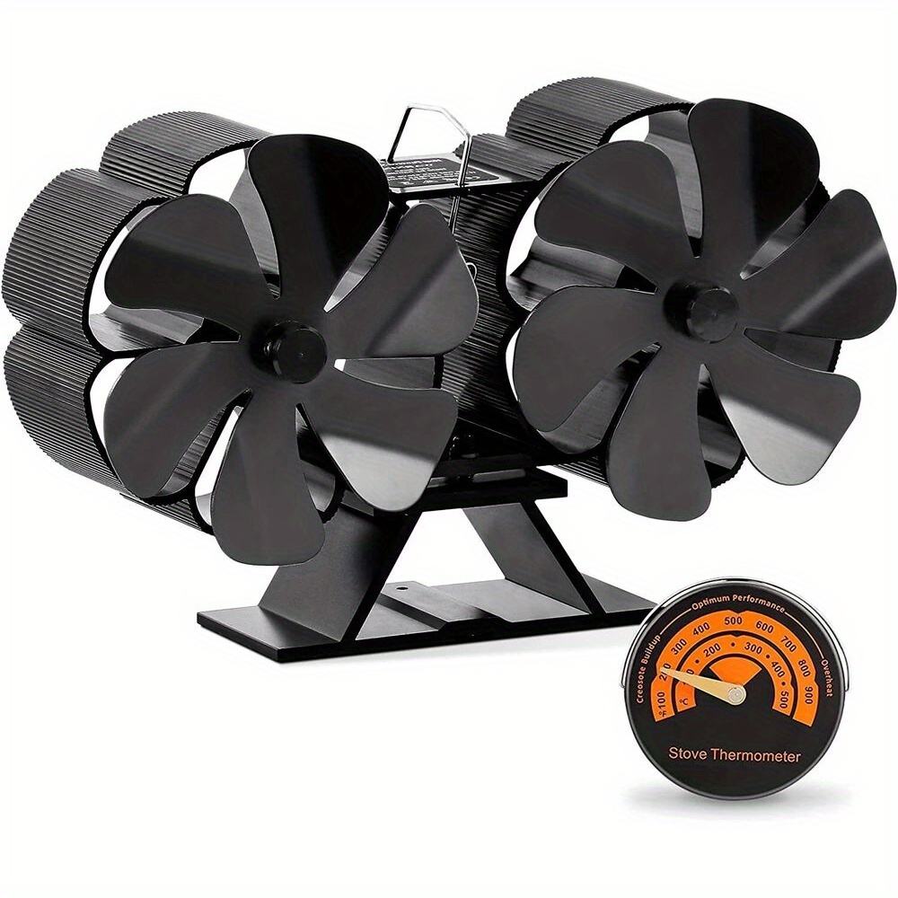 

1pc, 12-blade Dual Head Heat Powered Wood Stove Fan Fireplace With Magnetic Thermometer