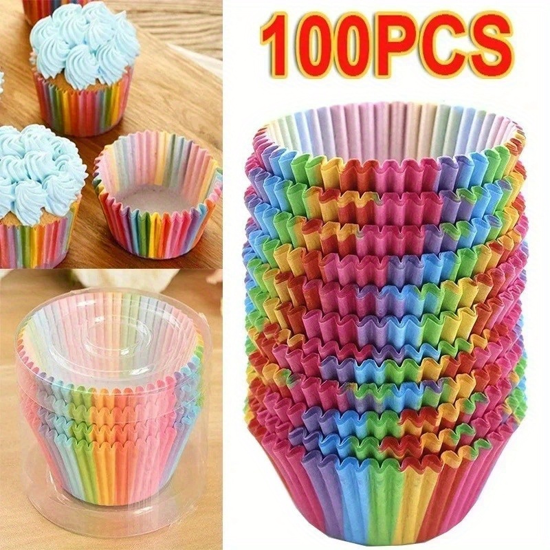 

100-piece Rainbow Rim Cupcake Liners - Disposable Paper Muffin & Ice Cream Cups For Baking, Chocolate Tray Pieceaging