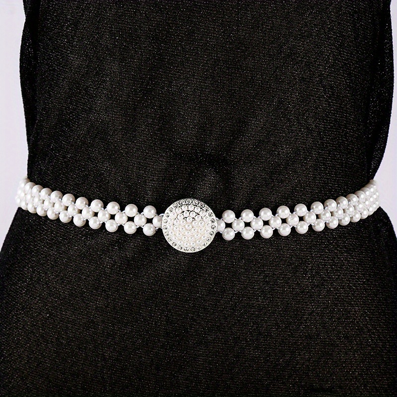 

1pc Girls Retro Trendy Artifical Pearl Belt, Versatile Elegant Waistband With Elastic Chain For Dresses And Sweaters