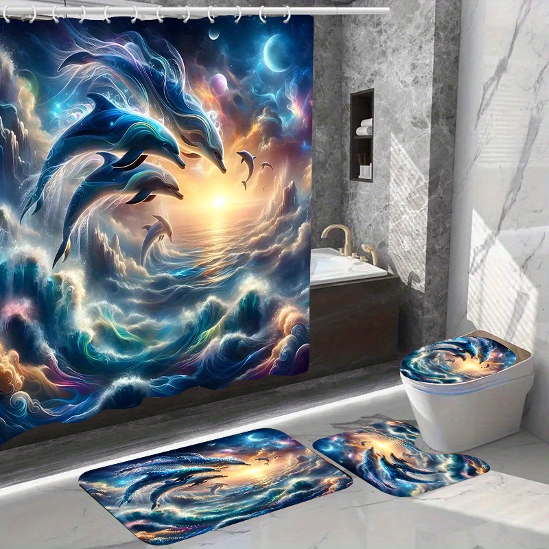 

1/4pcs Cloud Dolphin Pattern Set, Waterproof Bath Curtain With Hooks, U-shaped Mat, Toilet Cover Mat, L-shaped Mat, Bathroom Accessories, Bathroom Decorations