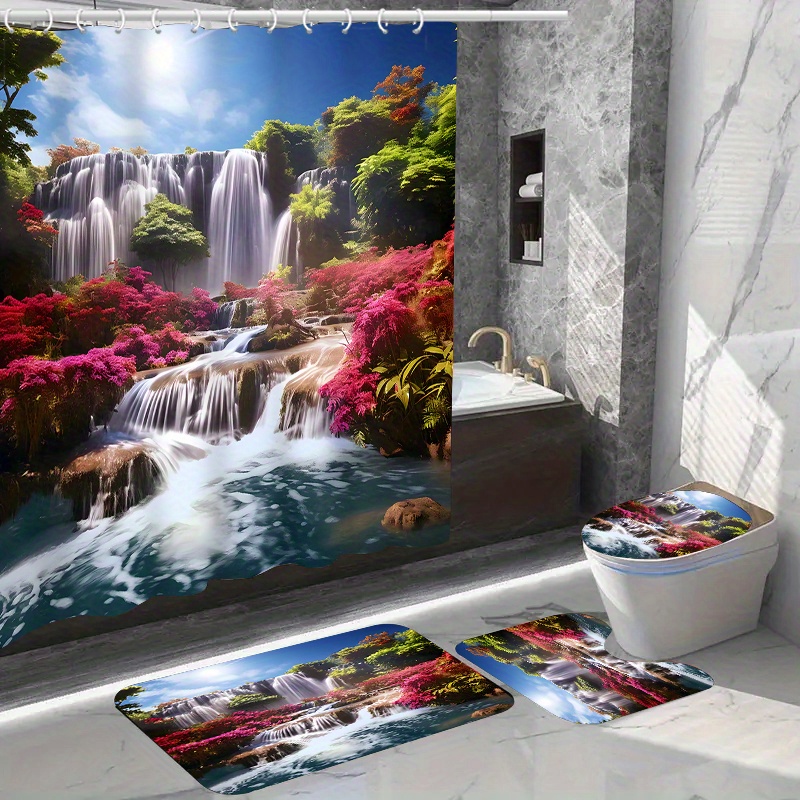 

1/4pcs Waterfall Pattern Shower Curtain Set, Waterproof Bath Curtain With Hooks, U-shaped Mat, Toilet Cover Mat, L-shaped Mat, Bathroom Accessories, Bathroom Decorations