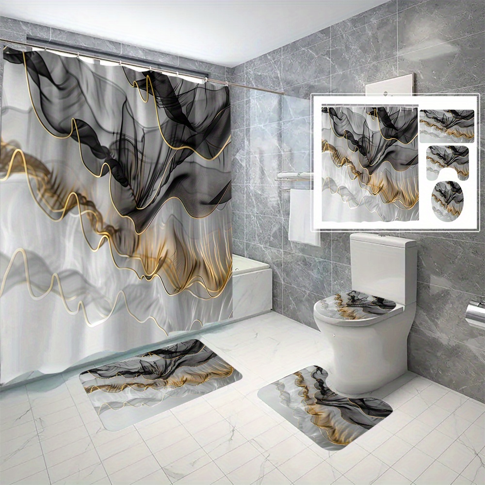 

4pcs Marble Pattern Shower Curtain Set, Shower Curtain With 12 Hooks, Non-slip Bath Mat, U-shaped Toilet Mat, Toilet Mat, Bathroom Accessories, Home Decor