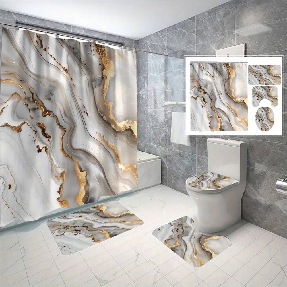 

4pcs Marble Printed Shower Curtain Set, Shower Curtain With 12 Hooks, Non-slip Bath Mat, U-shaped Toilet Mat, Toilet Mat, Bathroom Accessories, Home Decor