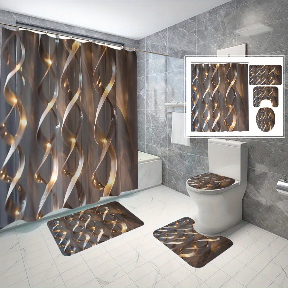 

4pcs Curved Line Pattern Shower Curtain Set, Shower Curtain With 12 Hooks, Non-slip Bath Mat, U-shaped Toilet Mat, Toilet Mat, Bathroom Accessories, Home Decor