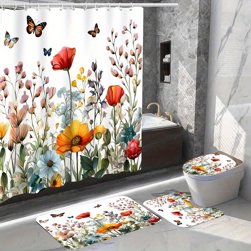 

1/4pcs Pattern Shower Curtain Set, Bath Curtain , U-shaped Mat, Mat, L-shaped Mat, Bathroom Accessories, Bathroom Decorations