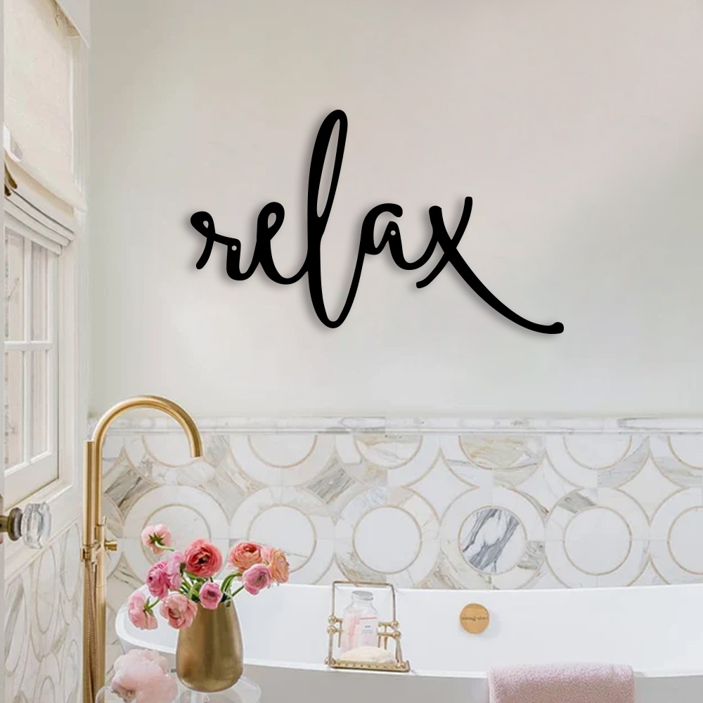 

1pc Relax Word Design Black Metal Wall Art, Modern Bathroom Sign For Home Decoration, Hanging Bathroom Decor, Wall Mount Iron Art Decoration Sculptures