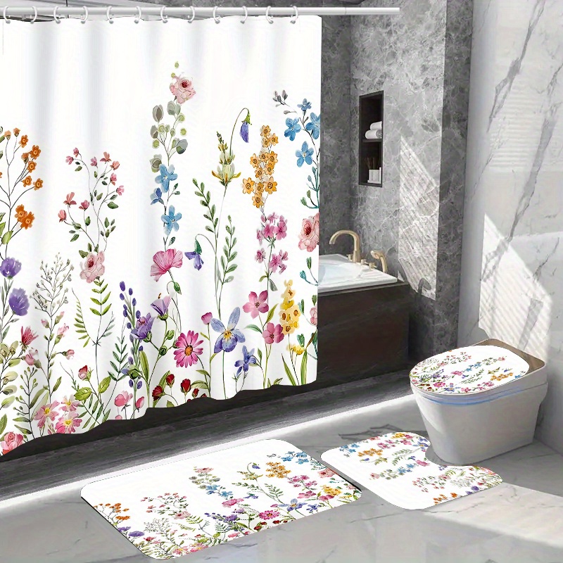 

1/4pcs Bright Floral Pattern Shower Curtain Set, Waterproof Bath Curtain With Hooks, U-shaped Mat, Toilet Cover Mat, L-shaped Mat, Bathroom Accessories, Bathroom Decorations