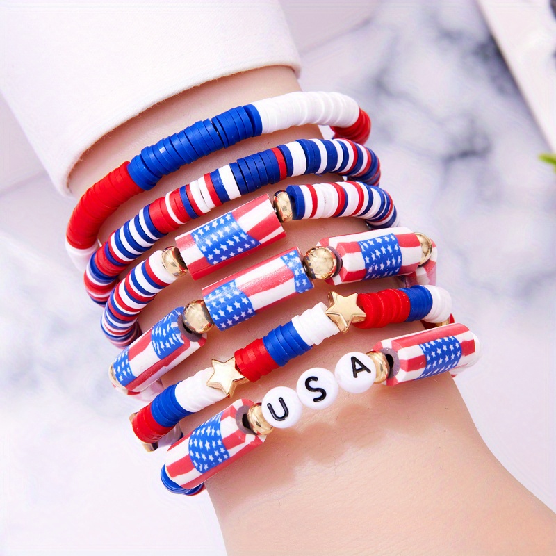 

6pcs Independence Day Bracelet Set, Cool Fashion American Flag Soft Pottery Beaded Bracelet For Men And Women