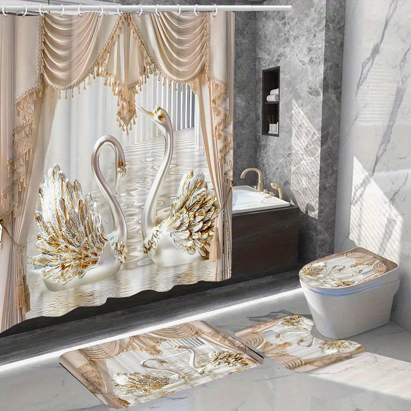 

1/4pcs Golden Swan Pattern Shower Curtain Set, Waterproof Bath Curtain With Hooks, U-shaped Mat, Toilet Cover Mat, L-shaped Mat, Bathroom Accessories, Bathroom Decorations