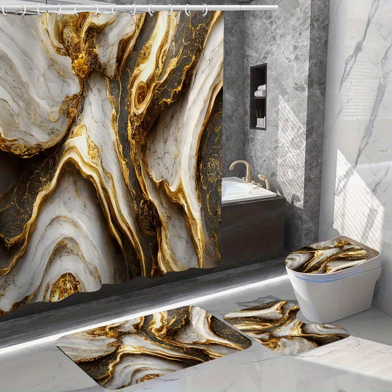 

1/4pcs Golden Marble Pattern Shower Curtain Set, Waterproof Bath Curtain With Hooks, U-shaped Mat, Toilet Cover Mat, L-shaped Mat, Bathroom Accessories, Bathroom Decorations