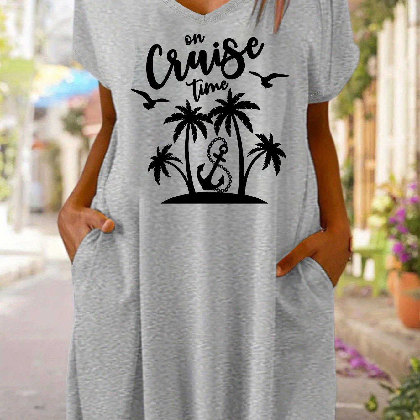 

Coconut Tree Print T-shirt Dress, Short Sleeve V Neck Double Pockets Casual Dress For Summer & Spring, Women's Clothing