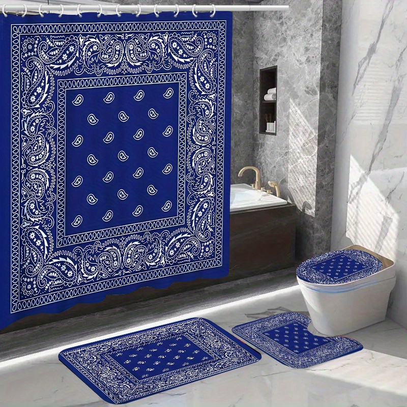 

1/4pcs Blue Paisley Pattern Shower Curtain Set, Waterproof Bath Curtain With Hooks, U-shaped Mat, Toilet Cover Mat, L-shaped Mat, Bathroom Accessories, Bathroom Decorations