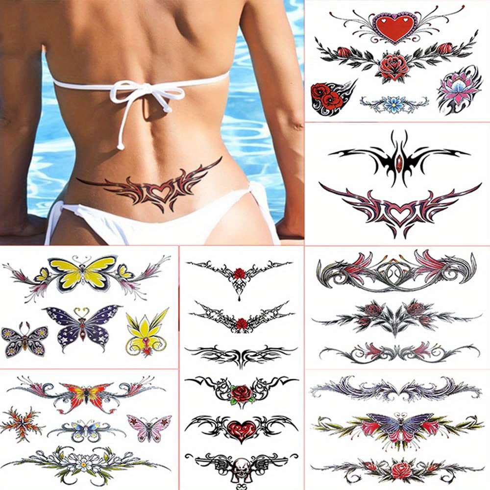 

8 Sheets Waterproof Temporary Belly Tattoos Stickers, Assorted Fun Waist Tattoos, Scar Cover Up, Vibrant Butterfly And Floral Designs For Women And Girls