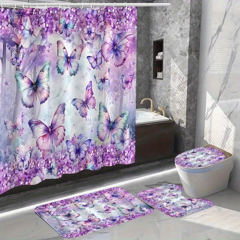 

1/4pcs Purple Butterfly Floral Pattern Set, Waterproof Bath Curtain With Hooks, U-shaped Mat, Toilet Cover Mat, L-shaped Mat, Bathroom Accessories, Bathroom Decorations