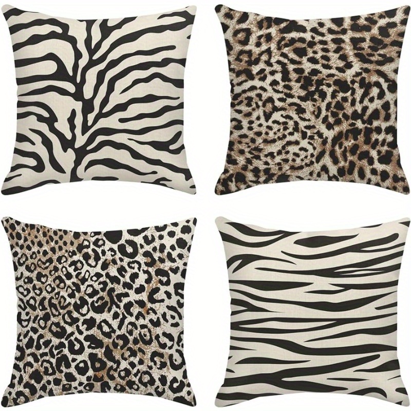 

4-piece Set Leopard & Zebra Print Throw Pillow Covers - Linen Blend, Knitted Texture For Living Room, Bedroom, And Patio Decor - Machine Washable, 18x18 Inches (inserts Not Included)