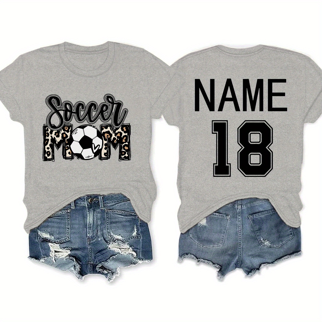 

Soccer Mom Print Crew Neck T-shirt, Casual Customized With Name & Number On The Back Short Sleeve T-shirt For Spring & Summer, Women's Clothing