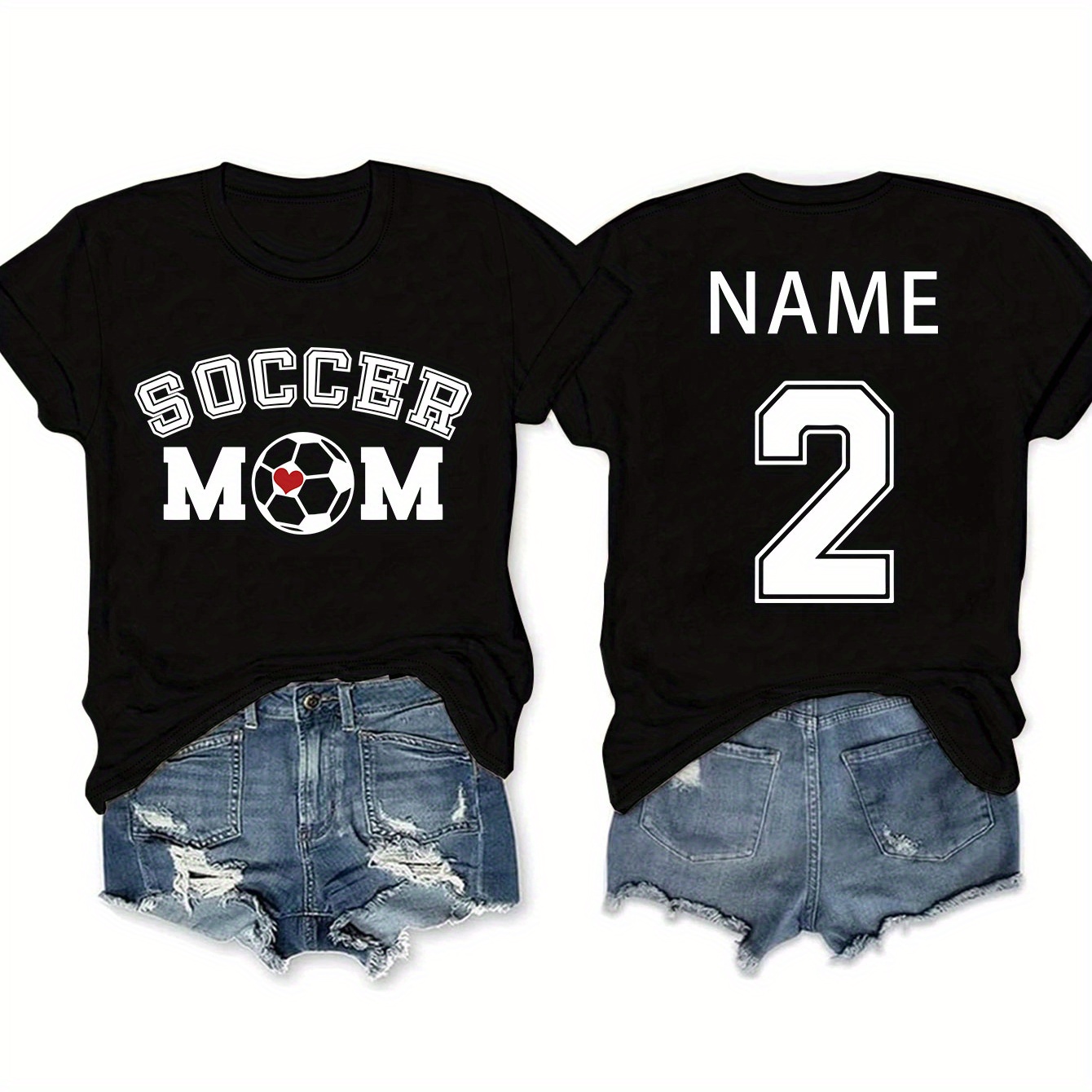 

Soccer Mom Print Crew Neck T-shirt, Casual Customized With Name & Number On The Back Short Sleeve T-shirt For Spring & Summer, Women's Clothing