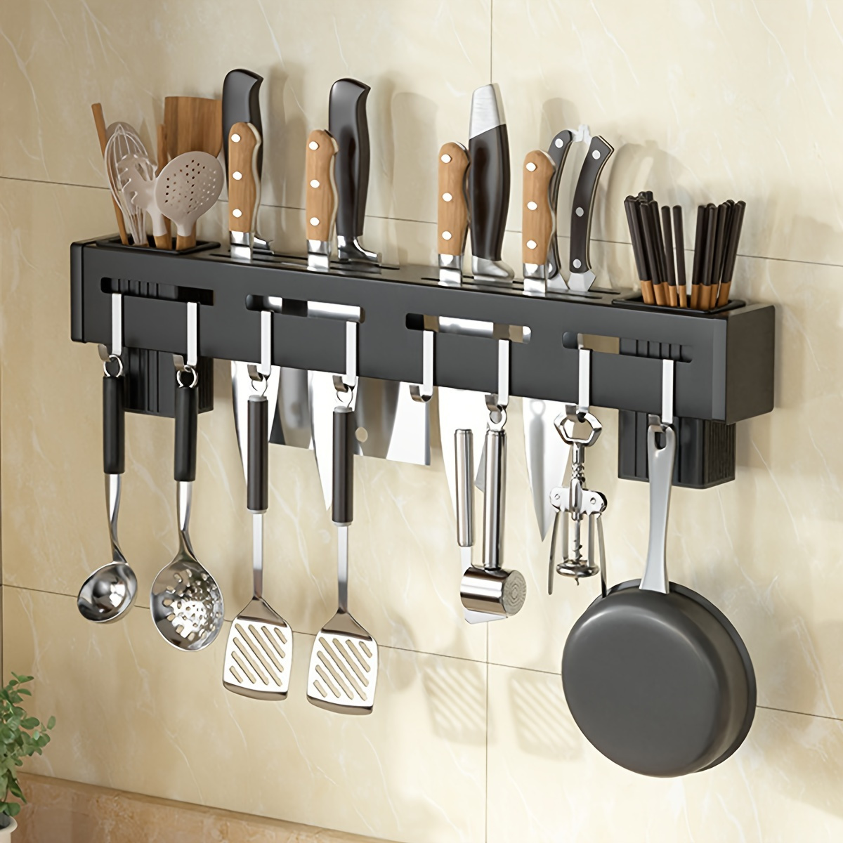 TEMU 1pc, Multifunctional Knife & Utensil Storage Rack, Wall Mounted Organizer With 8 Hooks, Durable Kitchen Tool Holder, 50cm/20in, Space Saving, Modern Design, Suitable For Restaurant