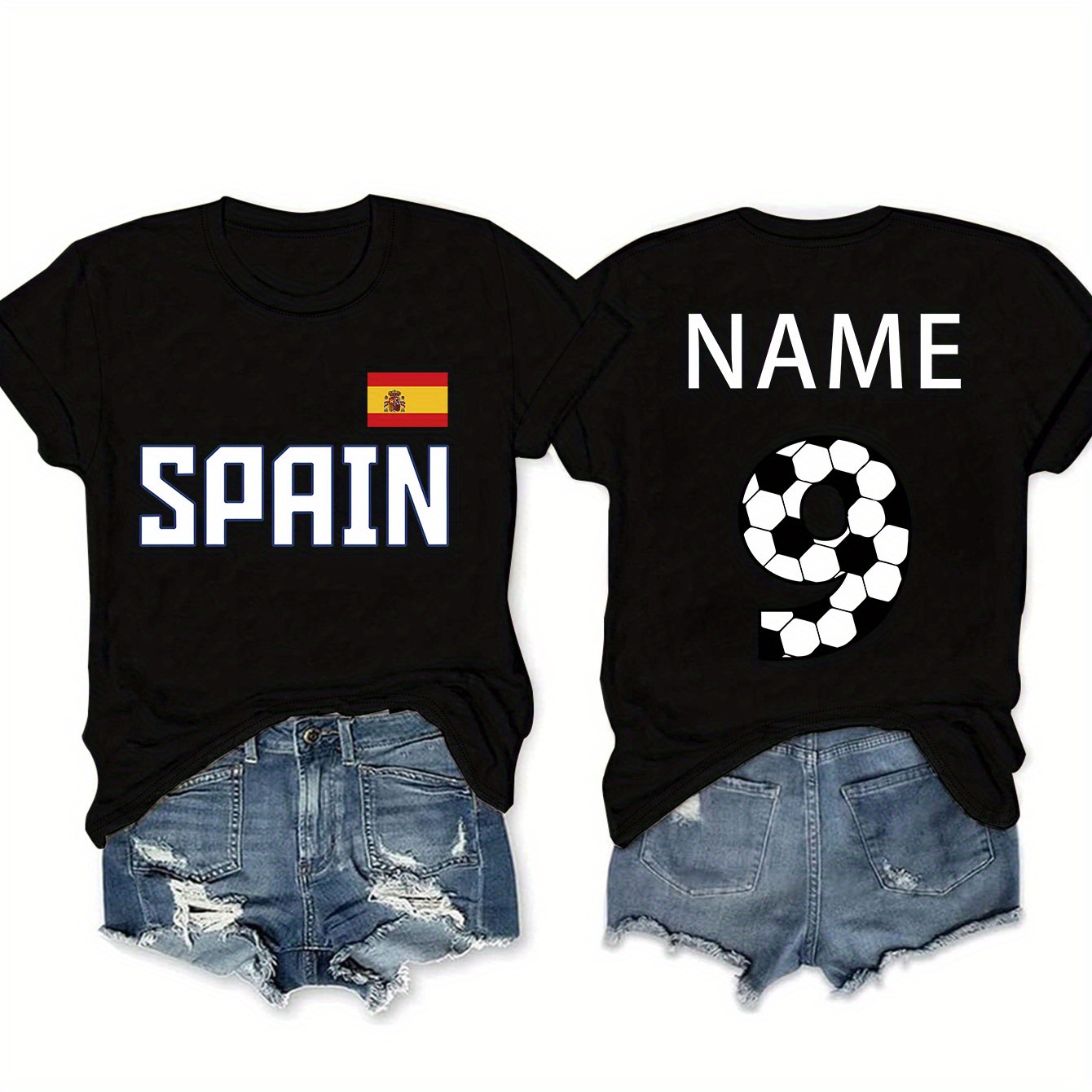 

Spain Soccer Print Crew Neck T-shirt, Casual Customized With Name & Number On The Back Short Sleeve T-shirt For Spring & Summer, Women's Clothing