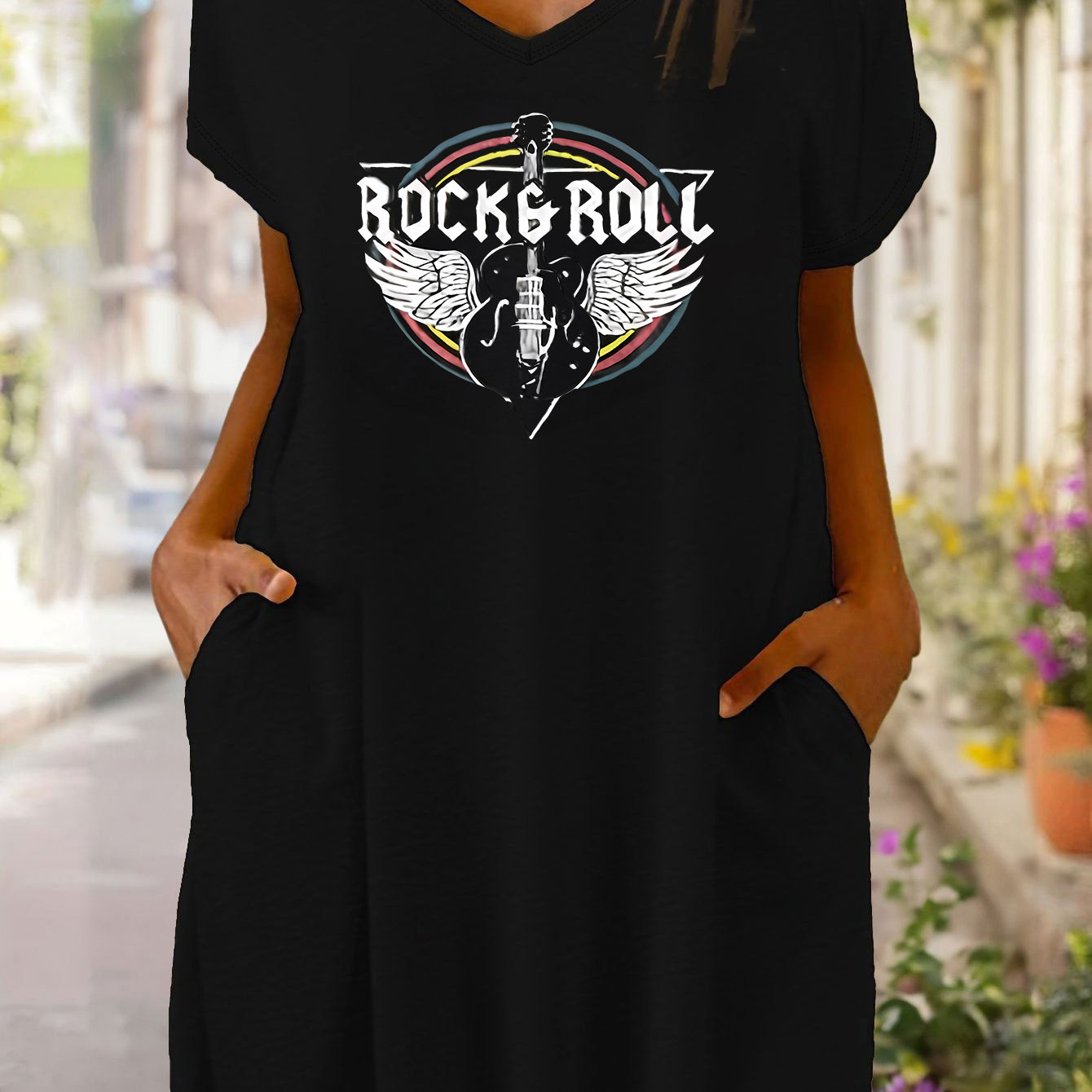 

Women's Rock & Roll Graphic Tee Dress - Casual V-neck With Double Pockets, Short Sleeve, Stretchy Polyester , Machine Washable - Black With Guitar & Wings Print For