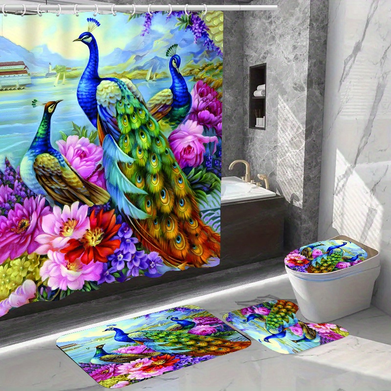 

1/4pcs Peacock Flower Pattern Shower Curtain Set, Waterproof Bath Curtain With Hooks, U-shaped Mat, Toilet Cover Mat, L-shaped Mat, Bathroom Accessories, Bathroom Decorations