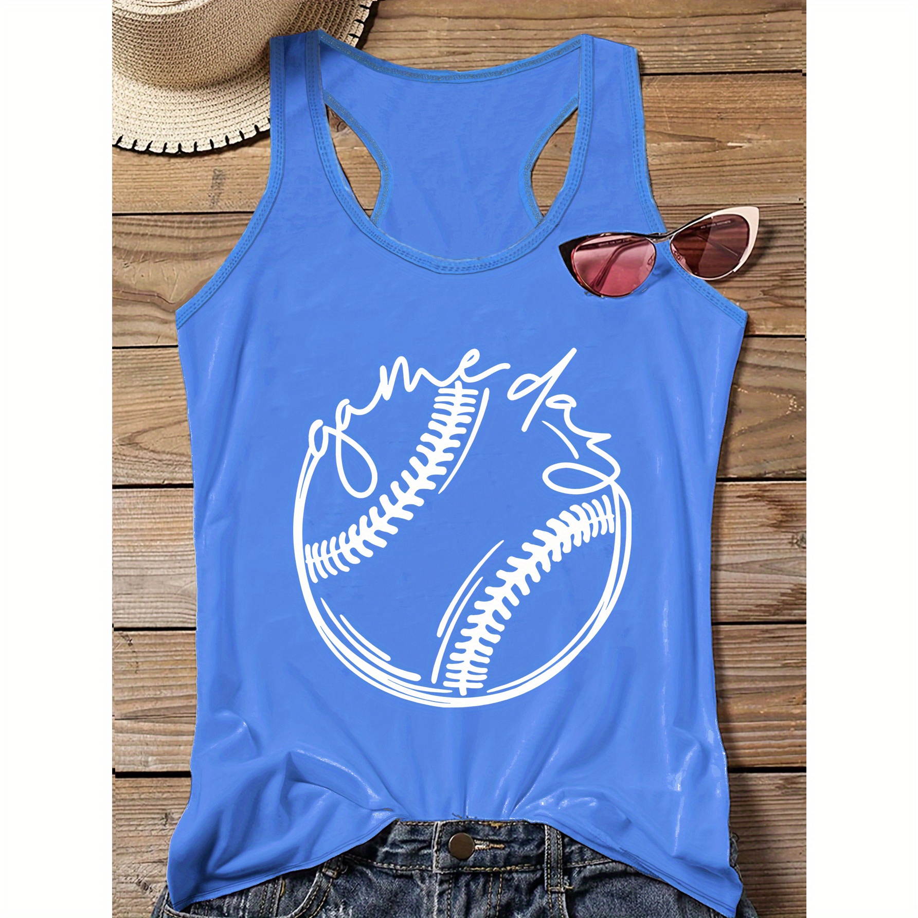 

Plus Size Casual Sporty Baseball Print Tank Top, Sleeveless Casual Top For Summer & Spring, Women's Clothing