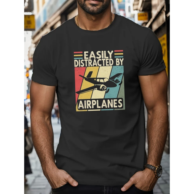 

Easy Distracted By Air Planes Print Men's Short Sleeve T-shirts, Comfy Casual Elastic Crew Neck Tops For Men's Outdoor Activities
