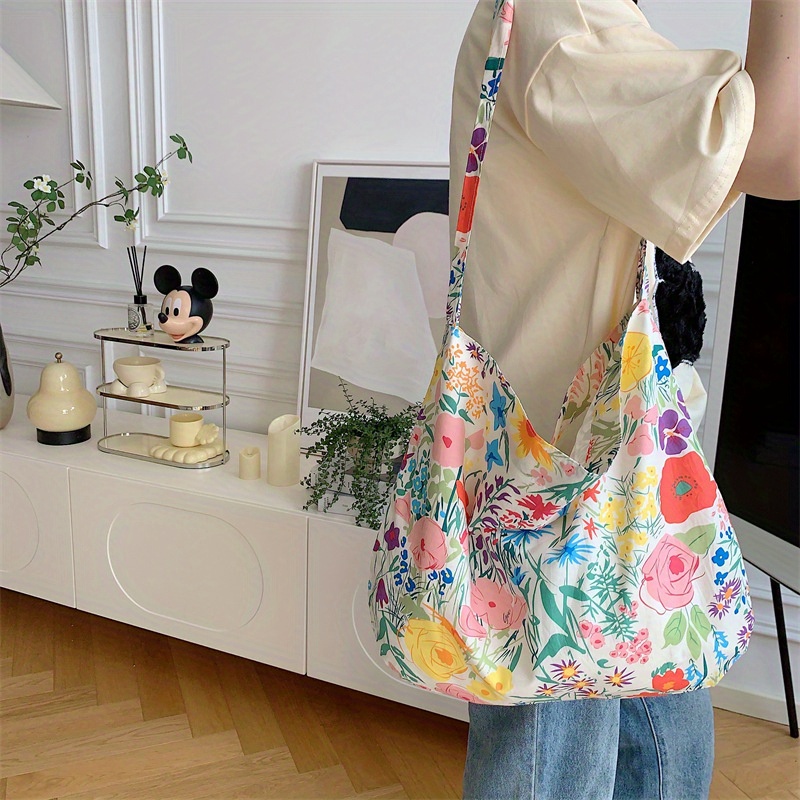 

1pc Fresh Floral Cotton Tote Bag, Vintage Canvas Shoulder Satchel, Casual Crossbody, Vacation Crossbody Bag