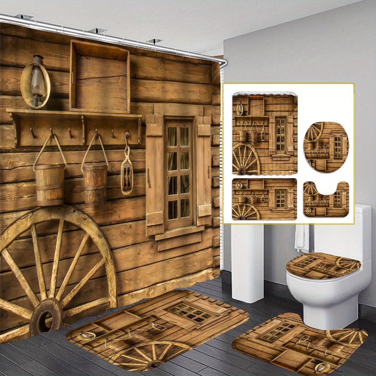 

1pc/4pc70.8inx70.8in Wooden Door Printed Shower Curtain Set, Decorative Floor Mat And Toilet Seat Cover, 12 Shower Curtain Hooks Free