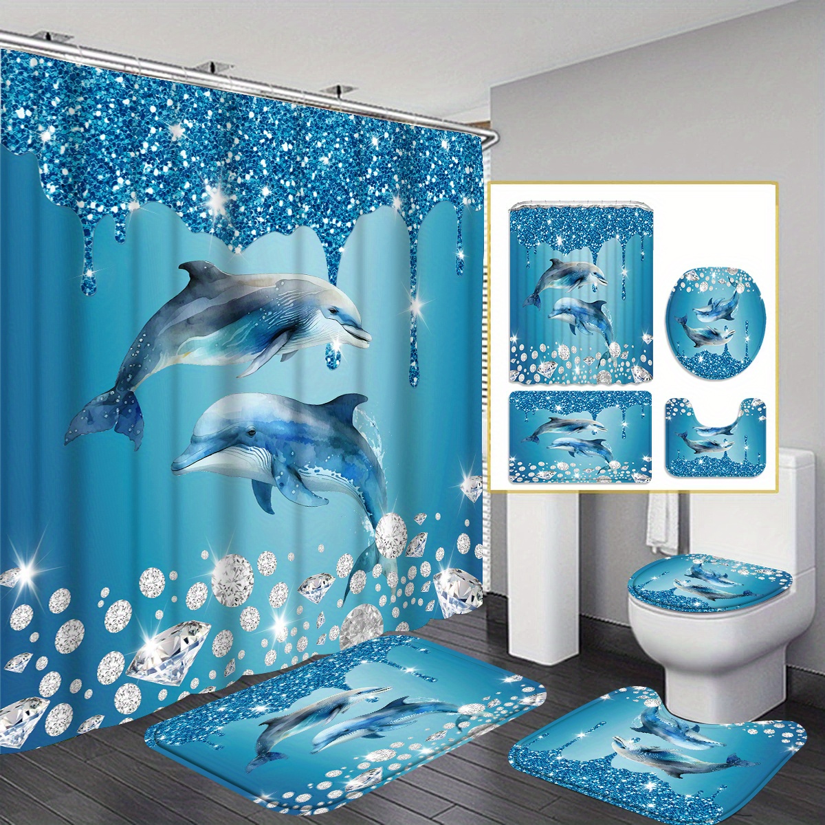 

1/4pcs Dolphin & Diamond Printed Shower Curtain Set, Shower Curtain With 12 Hooks, Non-slip Bathroom Rug, Toilet U-shape Mat, Toilet Lid Cover Pad, Bathroom Decor