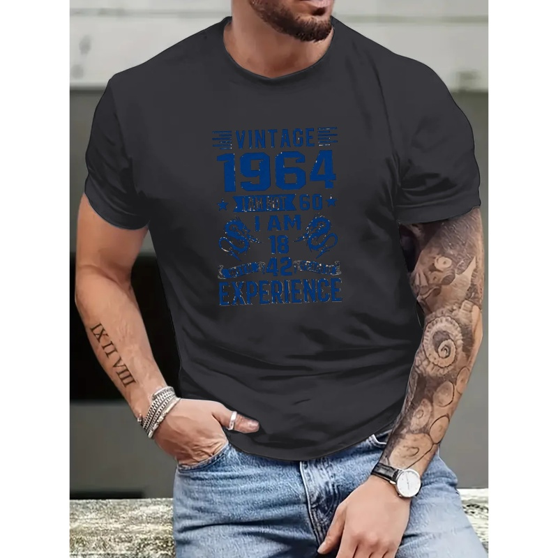 

1964 Print Men's Crew Neck Fashionable Short Sleeve Sports T-shirt, Comfortable And Versatile, For Summer And Spring, Athletic Style, Comfort Fit T-shirt, As Gifts