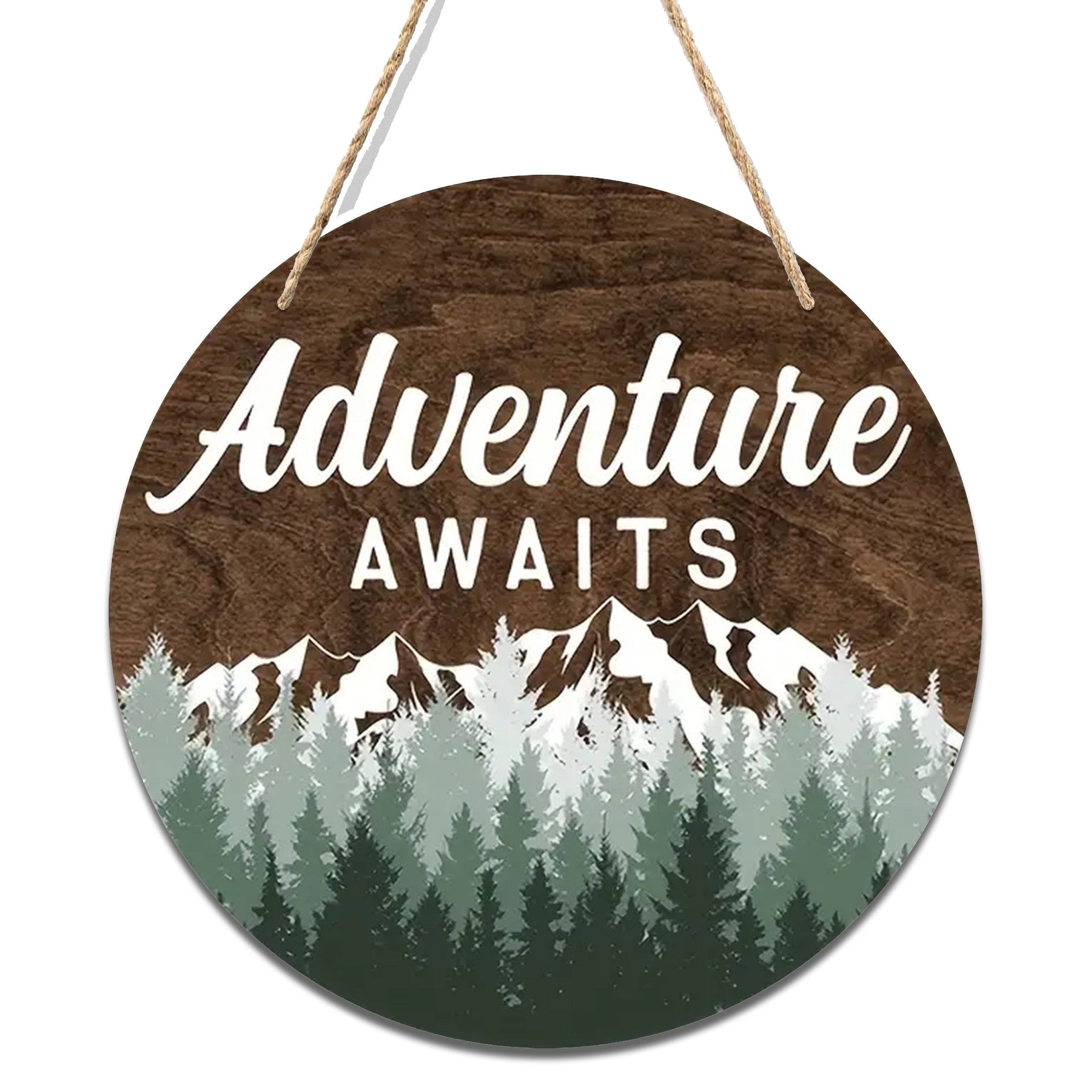 

1pc Round Wooden Wall Sign "adventure Awaits", 8-inch Diameter With Green Trees & Brown Background, Rustic Home Decor, Camping & Cabin Decor, Woodland Shower Decor, Room & Holiday Decor